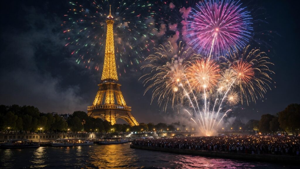 Hyperrealistic night scene of the Eiffel Tower with spectacular colorful fireworks exploding in the sky, romantic and festive 14 Juillet atmosphere, dramatic lighting, highly detailed, photorealistic, 8k